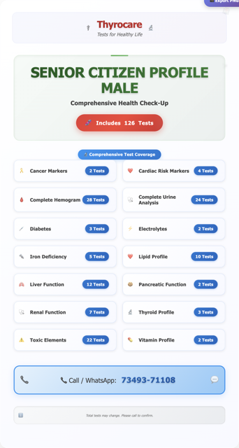 Thyrocare Senior Citizen Profile Male health checkup package – 129 tests for senior men including cancer markers, cardiac risk, complete hemogram, urine analysis, and wellness screening.